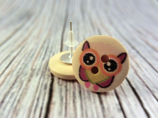 Preview: Eule Holz Knopf Ohrstecker Button owl Uhu Eulen
